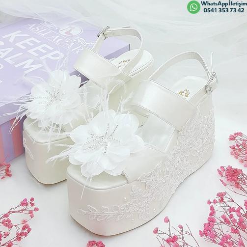12 Cm Özel Tasarım Az Eğimli Dolgu Topuk Model Kır Düğünleri İçin Gelin Ayakkabısı