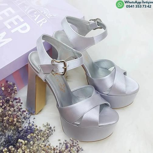 14 Cm Thick Comfortable Heeled Gray Color Satin Women's Evening Dress & Engagement Shoes