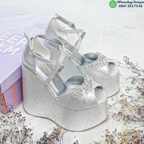 15 Cm Wedge Heel Model Silver Color Stone Detailed Women's Evening Dress & Engagement Shoes