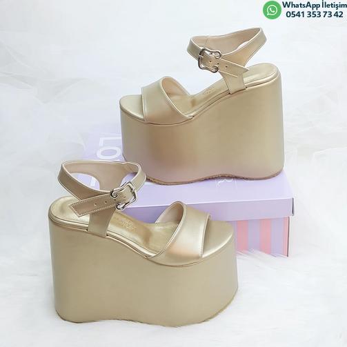 15 Cm Flat Sole Wedge Heel Gold Color Engagement Shoes, Henna Shoes, Wedding Shoes