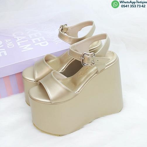 15 Cm Flat Sole Wedge Heel Gold Color Engagement & Henna Shoes