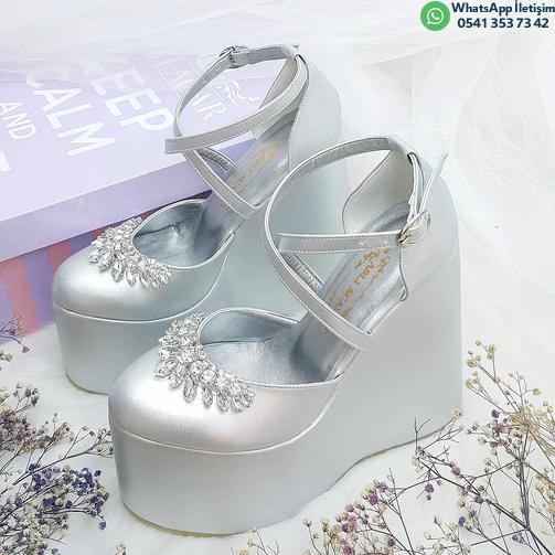 15 Cm Gray Color Stone Detailed Wedge Heel Women's Engagement Shoes Women's Evening Dress Shoes