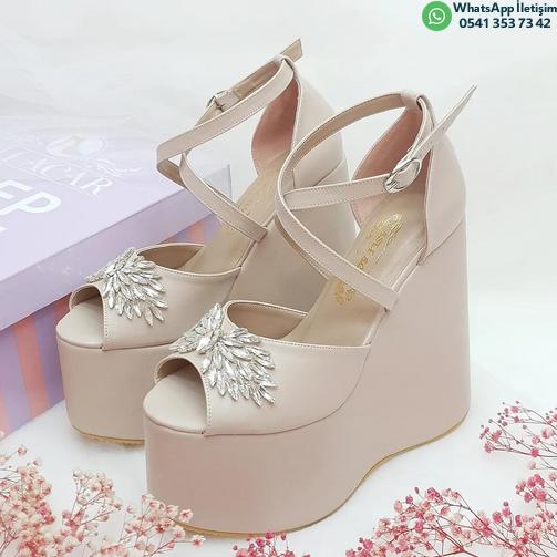 15 cm High Platform Heel Model, Nude Color, Stone Detail, Very Comfortable Women's Engagement Shoes