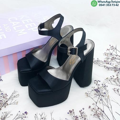 16 Cm Platform Heeled Black Color Satin Evening Dress & Engagement Shoes