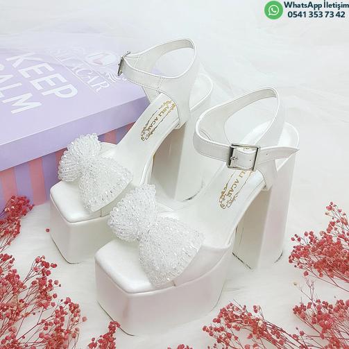 16 Cm High Platform Heeled Pearl Bow Detailed Wedding Shoes Special for Brides