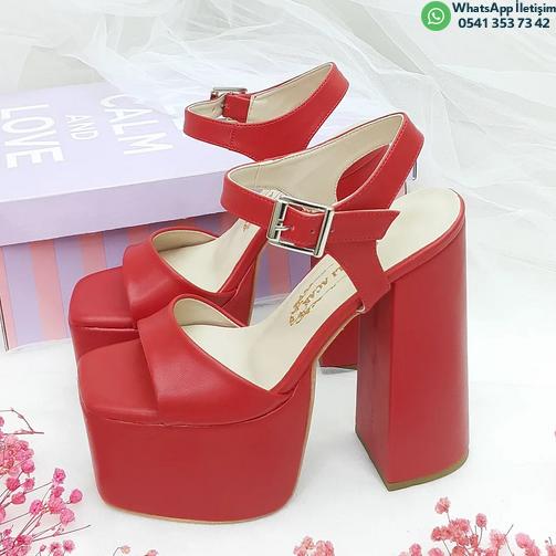 16 cm Platform Heeled Slightly Inclined Red Color Single Strap Sandals Engagement & Henna Shoes