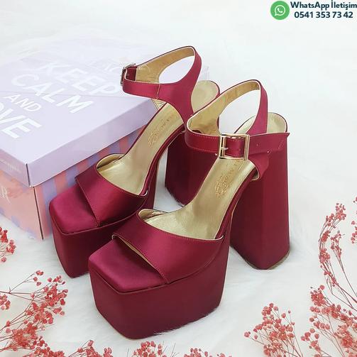 16 Cm Thick Heel Burgundy Color Satin Women's Evening Dress Shoes Engagement Shoes 