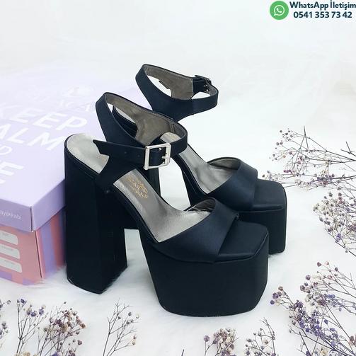 16 Cm Thick Heeled Black Satin Comfortable Women's Evening Dress Shoes Engagement Shoes