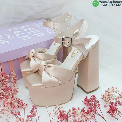 16 cm High Heeled Slightly Inclined Thick Platform Salmon Color Satin Women's Engagement Shoes