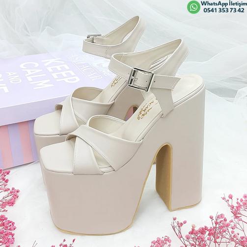 18 cm High Heeled Wedge Heel Model Cream Colored Slightly Sloping Henna & Engagement Shoes