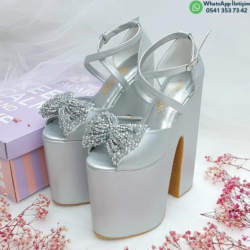 20 cm High, Thick Heel, Slightly Sloping, Silver Color Women's Very Comfortable Engagement Shoes