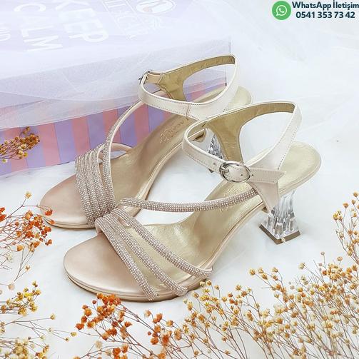 8 Cm Transparent Heeled Stone Detailed Nude Color Women's Engagement Shoes