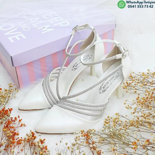 9 Cm Thin Heeled Stone Detailed Stiletto Pearl Color Bridal Shoes