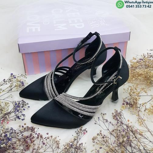 9 Cm Stone Detailed Black Satin Stiletto Women's Evening Shoes