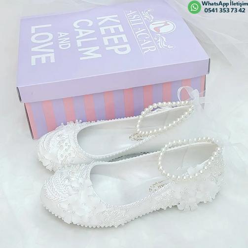Floral Patterned Special Design Lace Detailed Comfortable Bridal Ballerinas