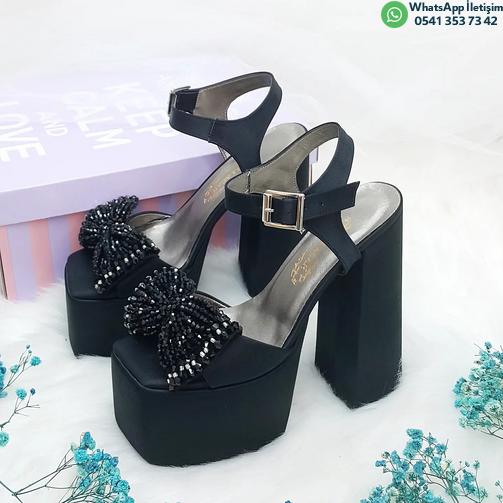 High Platform Heeled Black Satin Women's Evening Dress Shoes with Bow Detail