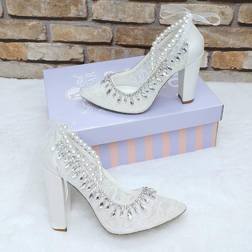 10 Cm TaşlıTasarım Dantelli Stiletto Rahat Gelin Ayakkabısı