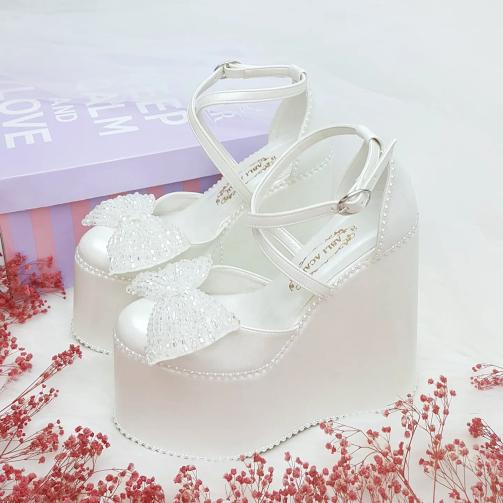 15 Cm Wedge Heel Model Bow Detailed Comfortable Wedding Shoes for Brides