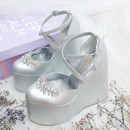 15 Cm Gray Color Stone Detailed Wedge Heel Women's Engagement Shoes Women's Evening Dress Shoes