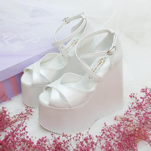 15 Cm High Wedge Heel Model Pearl Color Wedding Shoes for Brides