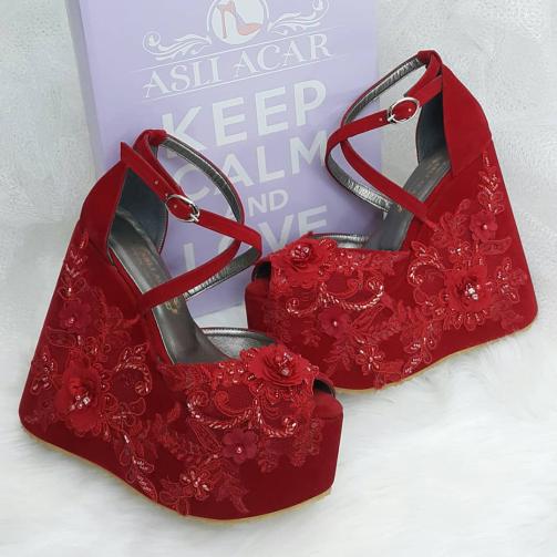 15 Cm Comfortable Wedge Heel Red Satin Engagement Shoes Wedding Shoes