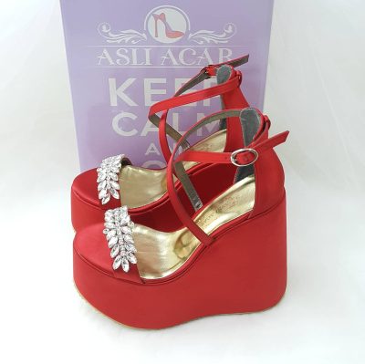 15 Cm Comfortable Wedge Heel Red Satin Stone Engagement Shoes Wedding Shoes