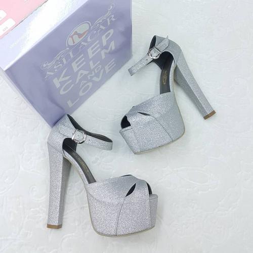 15 Cm Topuklu Gümüş Renk Simli Nişan & Gelin Ayakkabısı