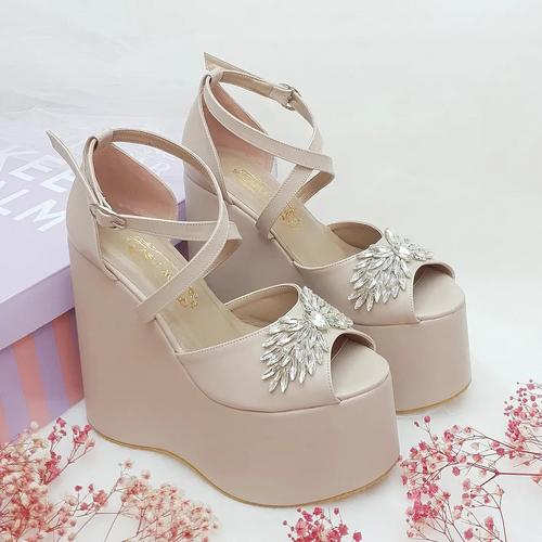15 cm High Platform Heel Model, Nude Color, Stone Detail, Very Comfortable Women's Engagement Shoes