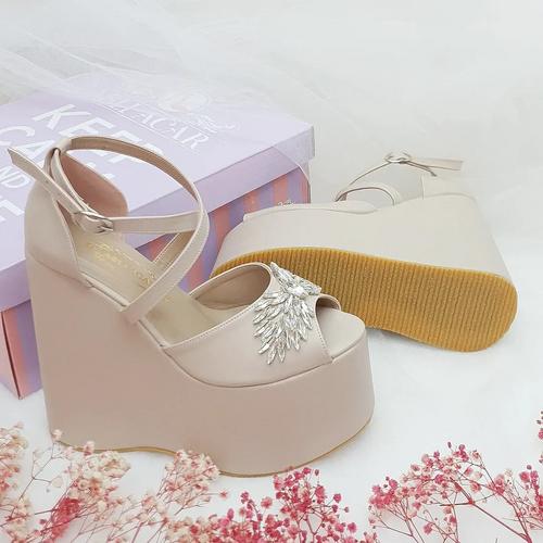 15 cm High Platform Heel Model, Nude Color, Stone Detail, Very Comfortable Women's Engagement Shoes