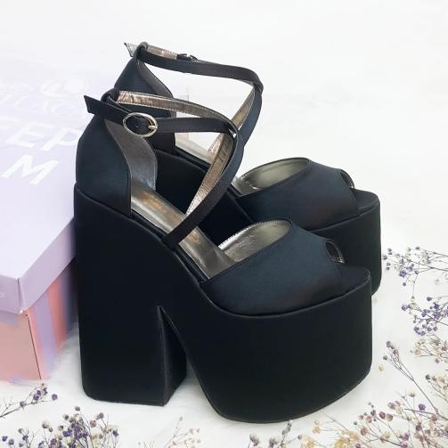 16 Cm Wedge Heel Black Color Satin Women's Evening Dress Wedding Shoes