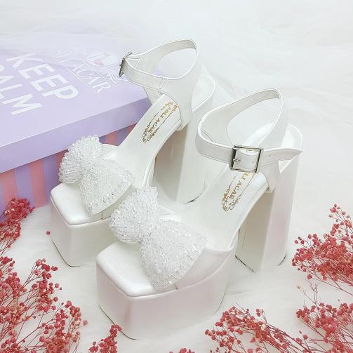 16 Cm Thick Heeled Bow Detailed Pearl Color Wedding Wedding Shoes