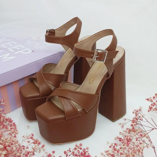 16 cm High Thick Heeled, Slightly Sloping Platform, Brown Color Women's Evening Shoes