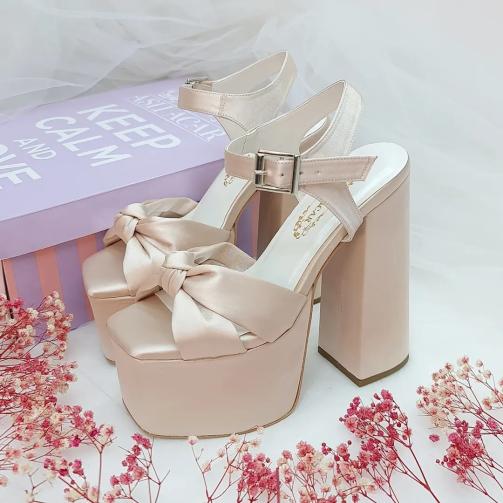 16 cm High Heeled Slightly Inclined Thick Platform Salmon Color Satin Women's Engagement Shoes