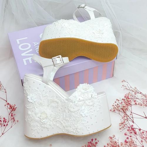 16 cm High Heel Pearl Lace Detail Custom Designed Comfortable Platform Heel Wedding Shoes