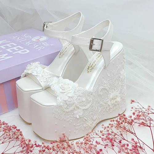 16 cm High Heel Pearl Lace Detail Custom Designed Comfortable Platform Heel Wedding Shoes