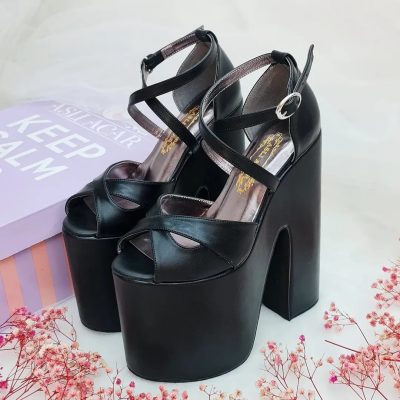 Black Low-Sloped Platform 18 cm High Wedge Heel Model for Women's Engagement Shoes