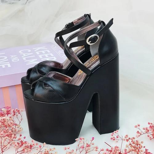 Black Low-Sloped Platform 18 cm High Wedge Heel Model for Women's Engagement Shoes