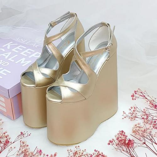 20 cm High Wedge Heel, Gentle Platform, Gold Color Women's Engagement Shoes