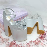 20 cm High, Thick Heel, Slightly Sloping, Silver Color Women's Very Comfortable Engagement Shoes