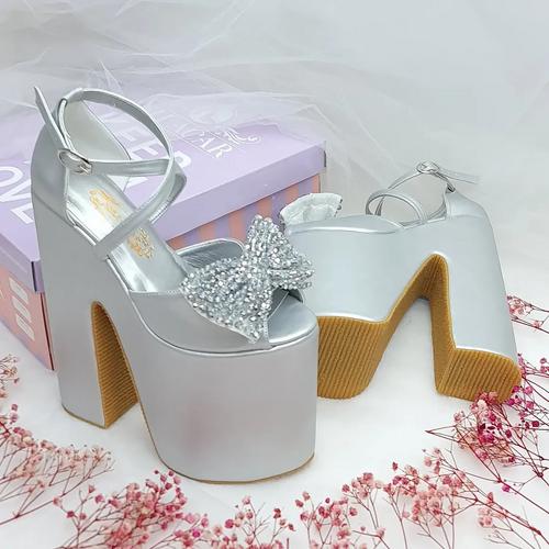 20 cm High, Thick Heel, Slightly Sloping, Silver Color Women's Very Comfortable Engagement Shoes