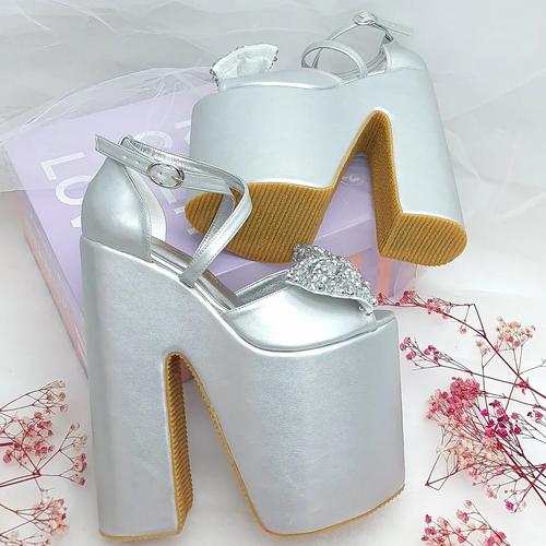 20 cm High, Thick Heel, Slightly Sloping, Silver Color Women's Very Comfortable Engagement Shoes