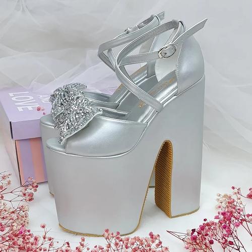 20 cm High, Thick Heel, Slightly Sloping, Silver Color Women's Very Comfortable Engagement Shoes