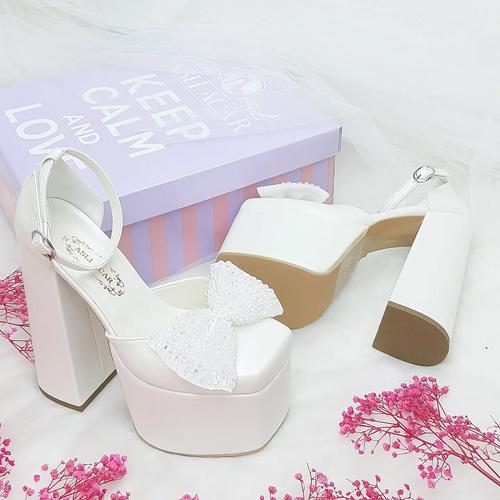 Very Comfortable Bridal Shoes with Slightly Curved Bow Detail and 16 Inch High Heels