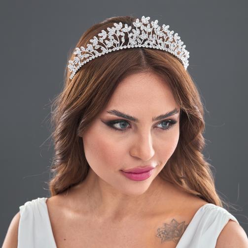 Special Design Shiny Zircon Stone Silver Plated Luxury Bridal Crown