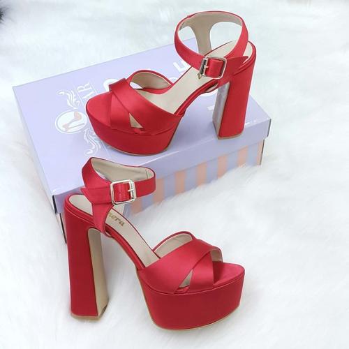 13 Cm Kalın Topuklu Kırmızı Saten Sandalet Gelin Ayakkabısı