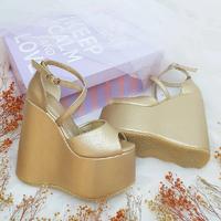 15 Cm Dolgu Topuk Altın Renk Nişan & Kına Ayakkabısı