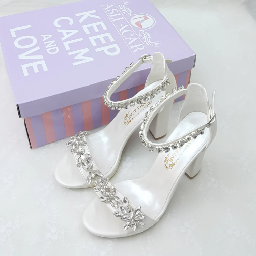 10 Cm Topuklu Tek Bant Taşlı Rahat Gelinlik Ayakkabısı