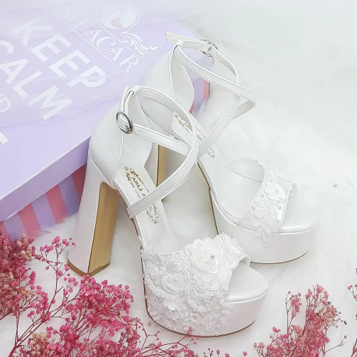 14 Cm Thick Heels Lace Design Comfortable Bridal Shoes Wedding Shoes