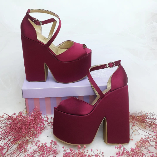 15 Cm Wedge Heel Very Comfortable Claret Red Satin Engagement Shoes