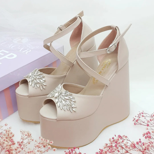 15 cm High Platform Heel Model, Nude Color, Stone Detail, Very Comfortable Women's Engagement Shoes